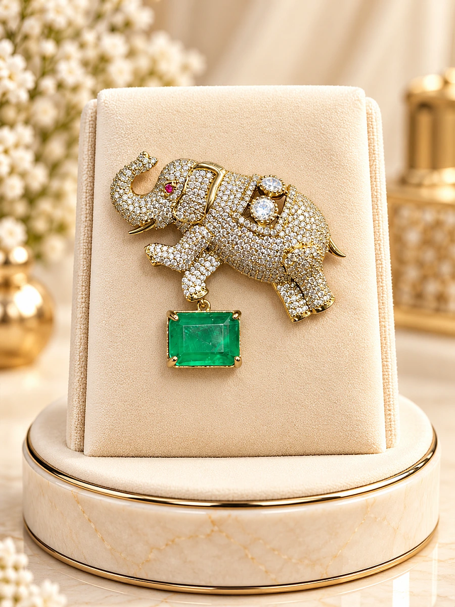 Premium Elephant Designer Brooch – Green Gemstone & Crystal Embellished Brooch