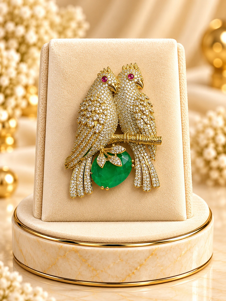 Premium Twin Birds Designer Brooch – Green Gemstone & Crystal Embellished Brooch