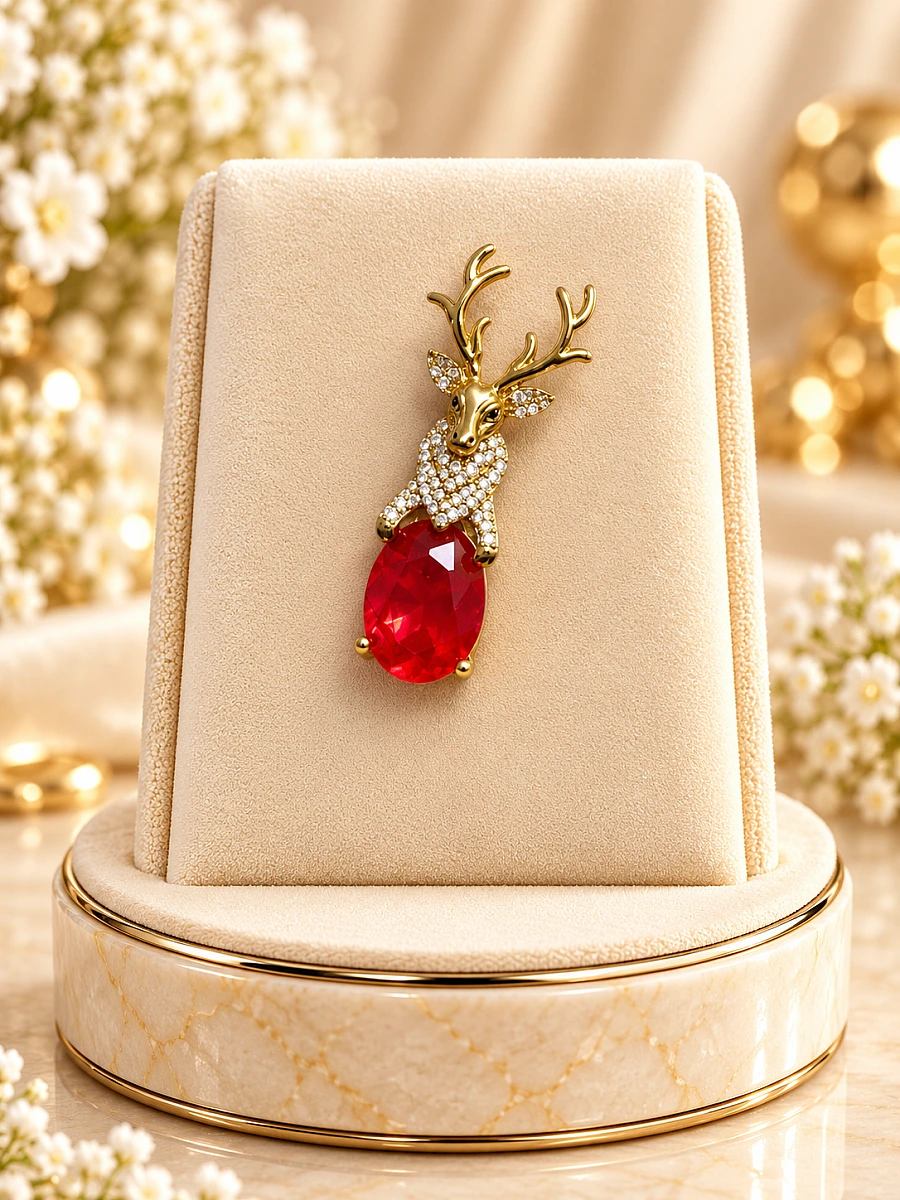 Premium Deer Designer Brooch – Red Gemstone & Crystal Embellished Brooch