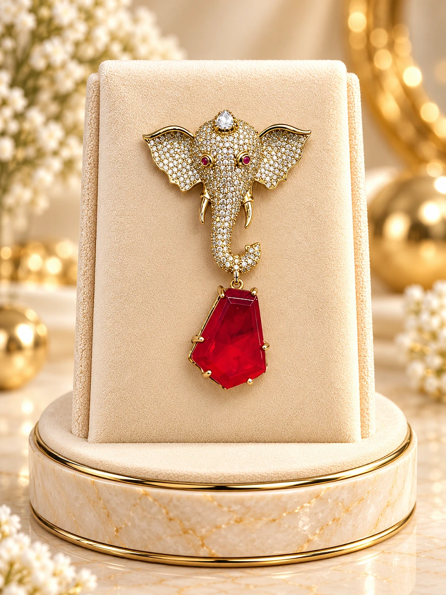Premium Elephant Designer Brooch – Red Gemstone & Crystal Embellished Brooch