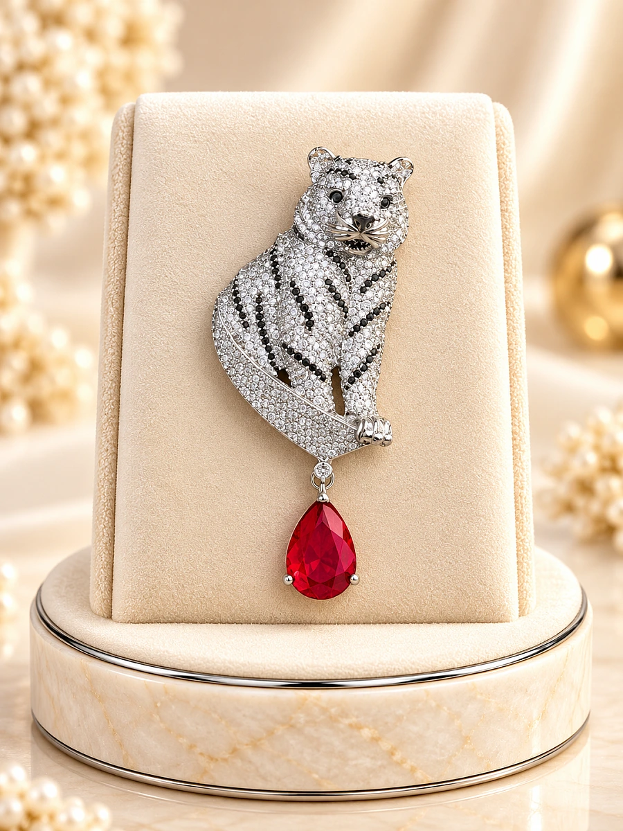 Premium Tiger Designer Brooch – Silver-Tone Crystal & Red Gemstone Brooch