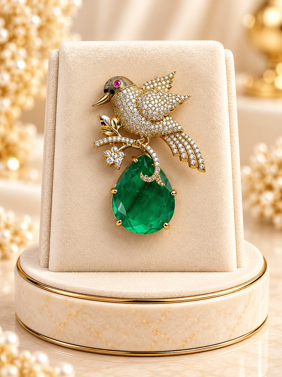 Premium Bird Designer Brooch – Green Gemstone & Crystal Embellished Brooch