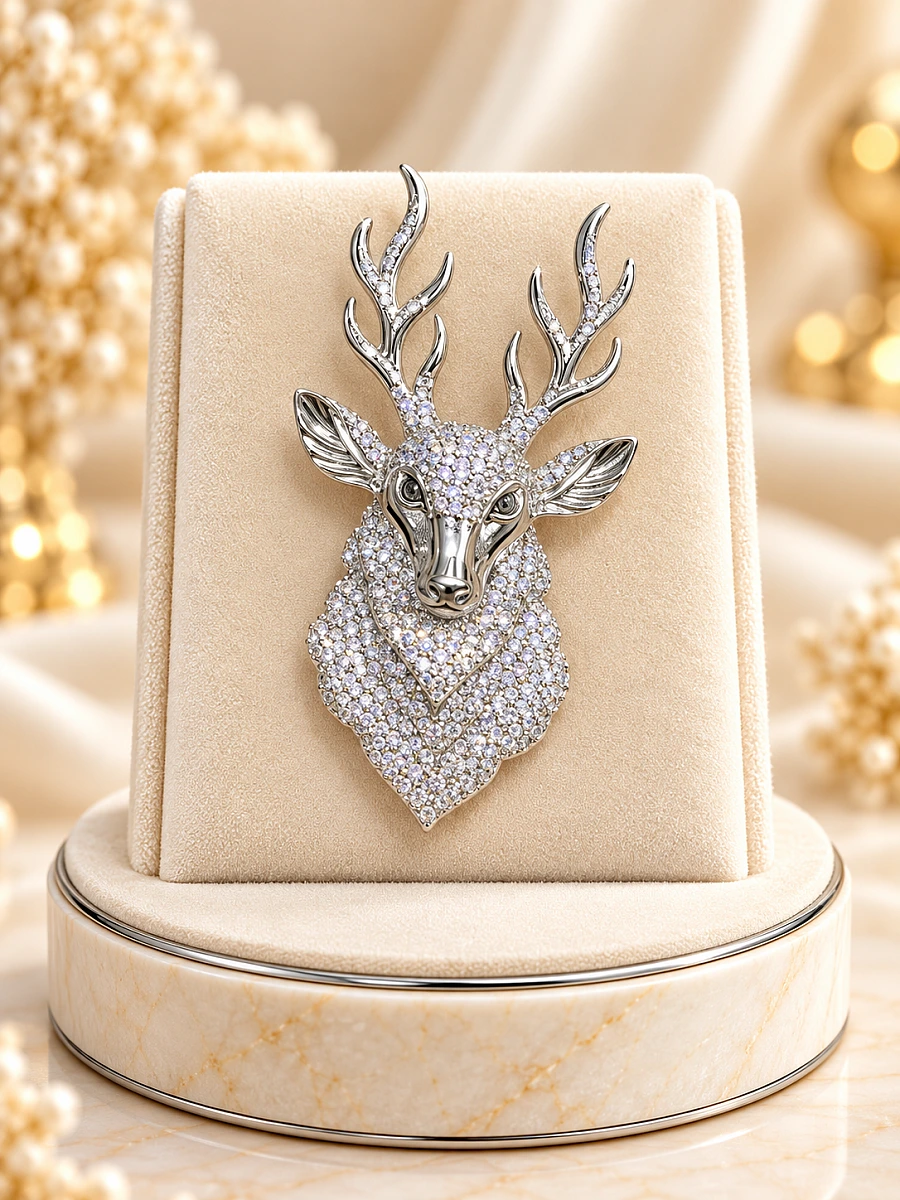 Premium Deer Head Designer Brooch – Silver-Tone Crystal Embellished Brooch