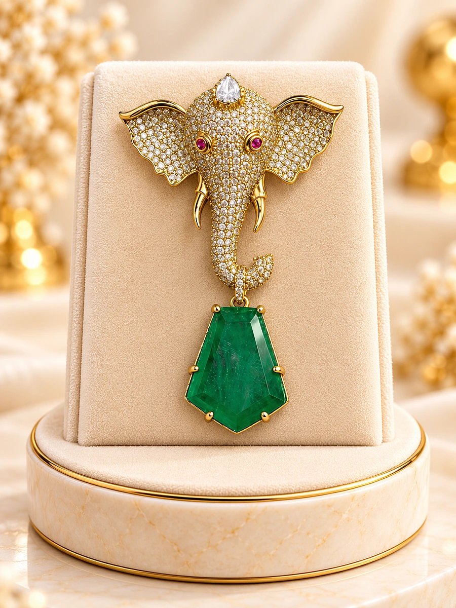 Premium Elephant Designer Brooch – Green Gemstone & Crystal Embellished Brooch
