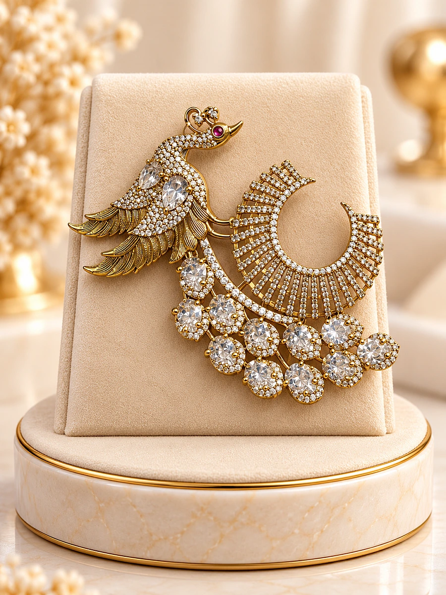 Premium Peacock Designer Brooch – Gold-Tone Crystal Statement Brooch