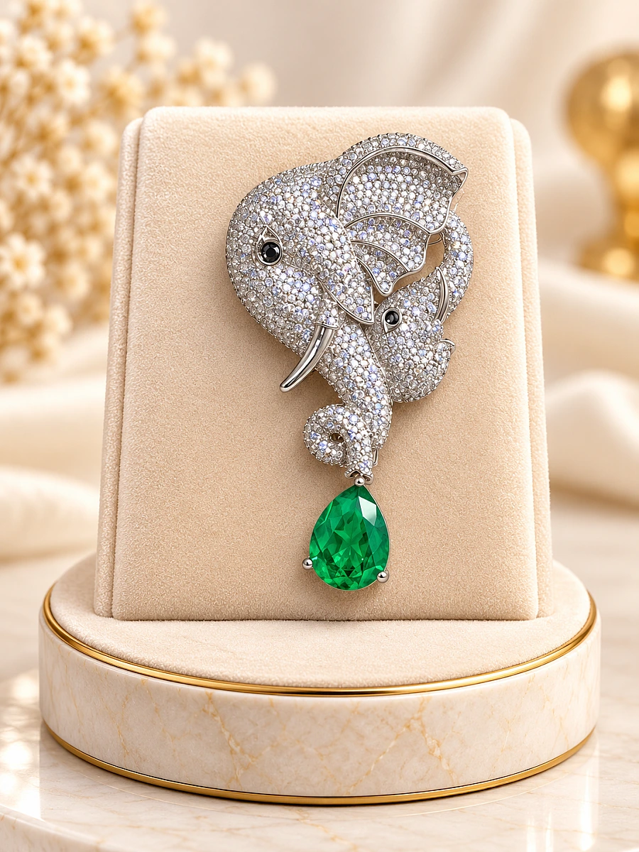 Premium Elephant Designer Brooch– Silver-Tone Crystal & Green Gemstone Brooch