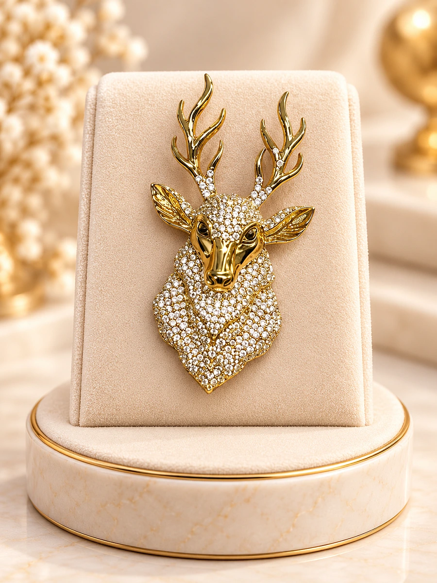 Premium Golden Deer Head Brooch– Crystal Embellished Designer Brooch