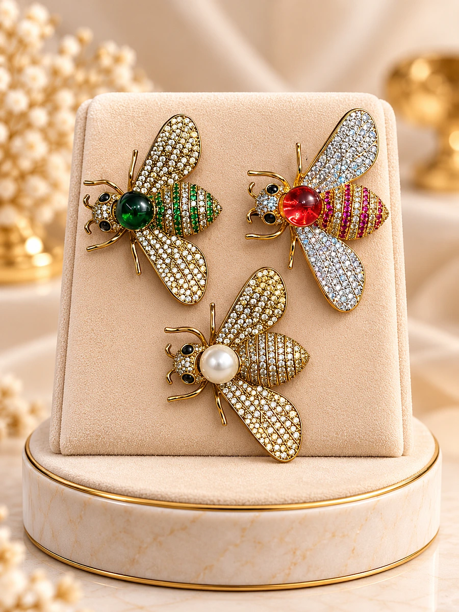 Premium Bee Designer Brooch – Three Color Stone Embellished Brooch
