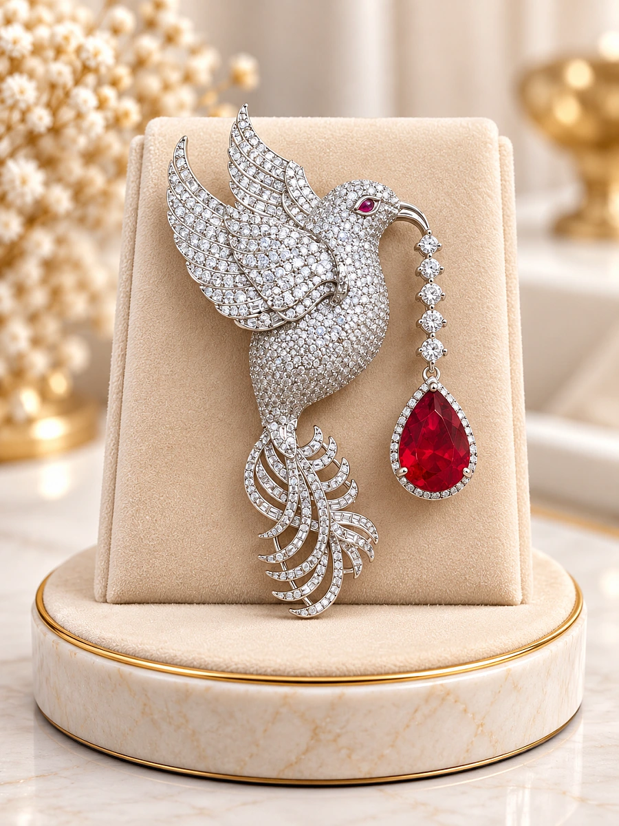 Premium Flying Dove Designer Brooch – Silver-Tone Crystal & Red Gemstone Brooch