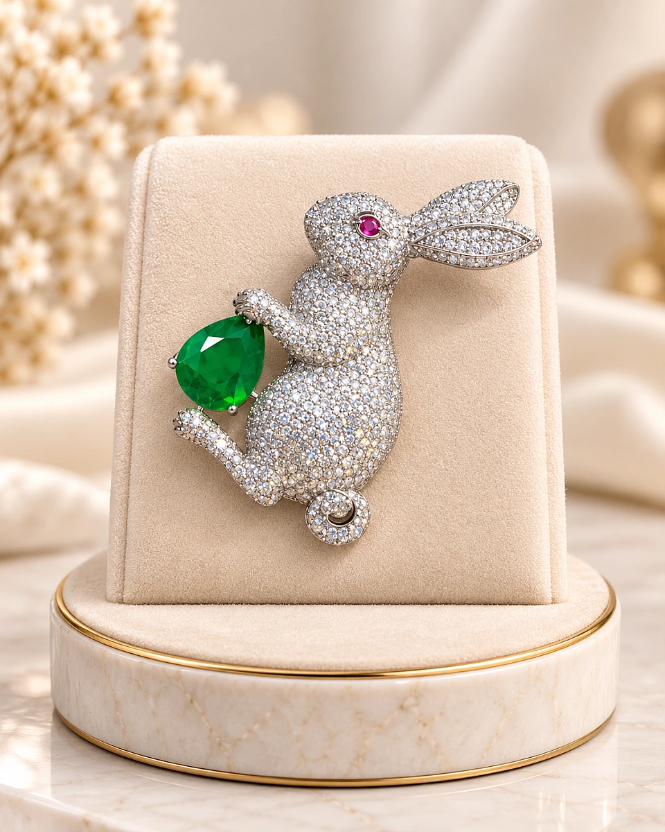 Premium Rabbit Designer Brooch – Silver-Tone Crystal & Green Gemstone Brooch