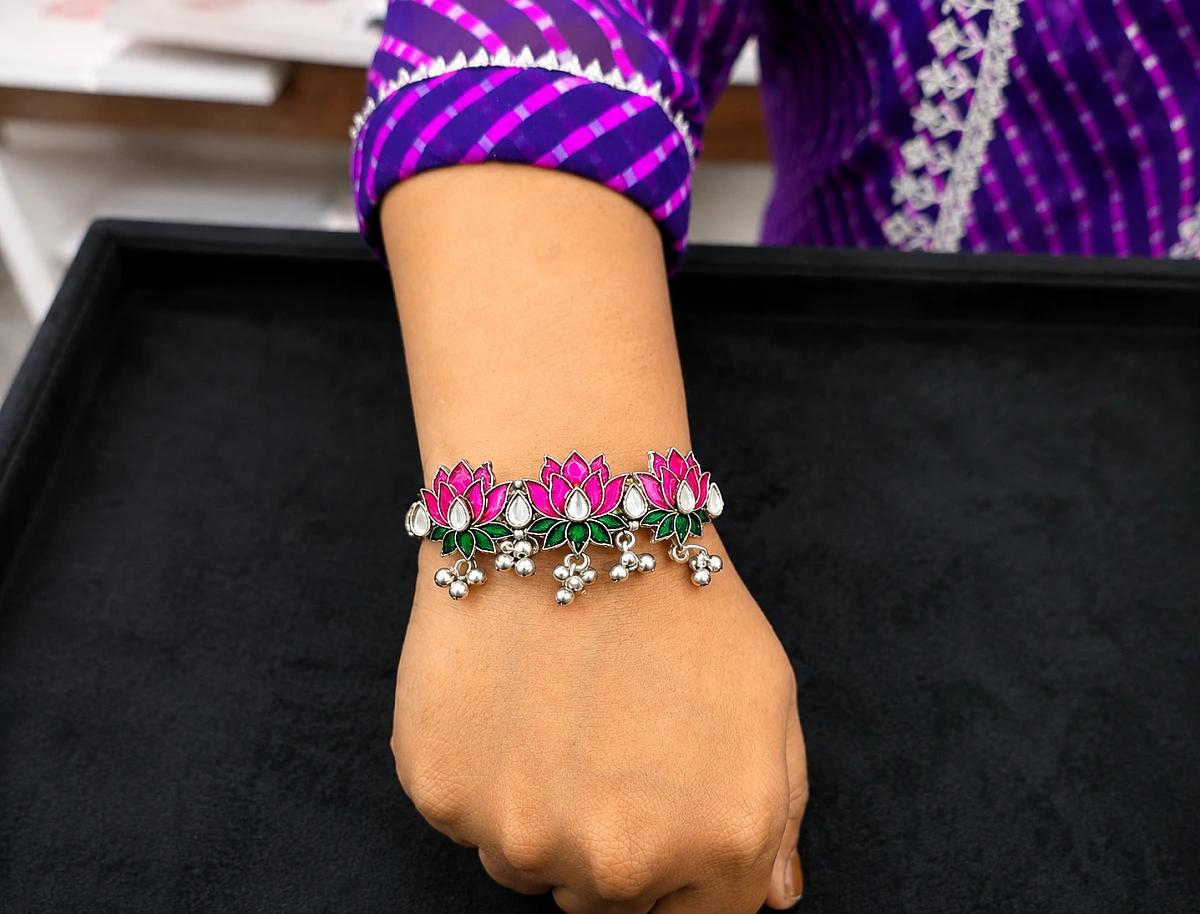 Oxidised Lotus Ghungroo Bracelet - Image 2