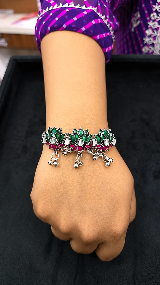 Oxidised Lotus Ghungroo Bracelet - Image 2
