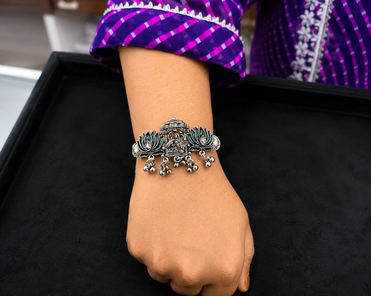 Oxidised Lotus Ghungroo Bracelet - Image 2