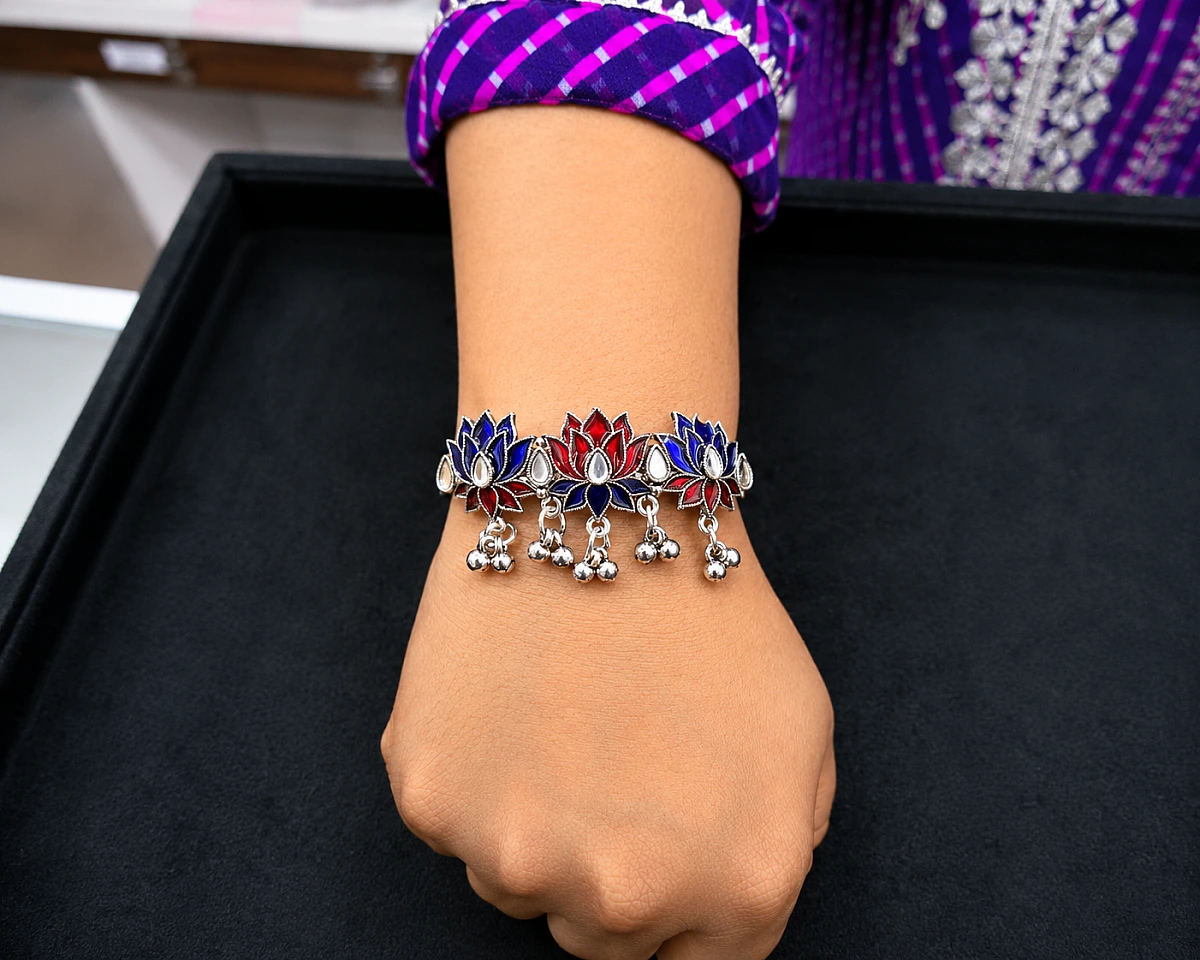 Oxidised Lotus Ghungroo Bracelet - Image 2
