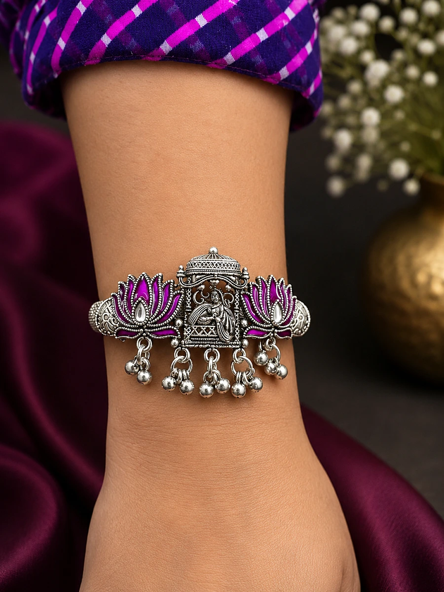 Oxidised Lotus Ghungroo Bracelet - Image 2