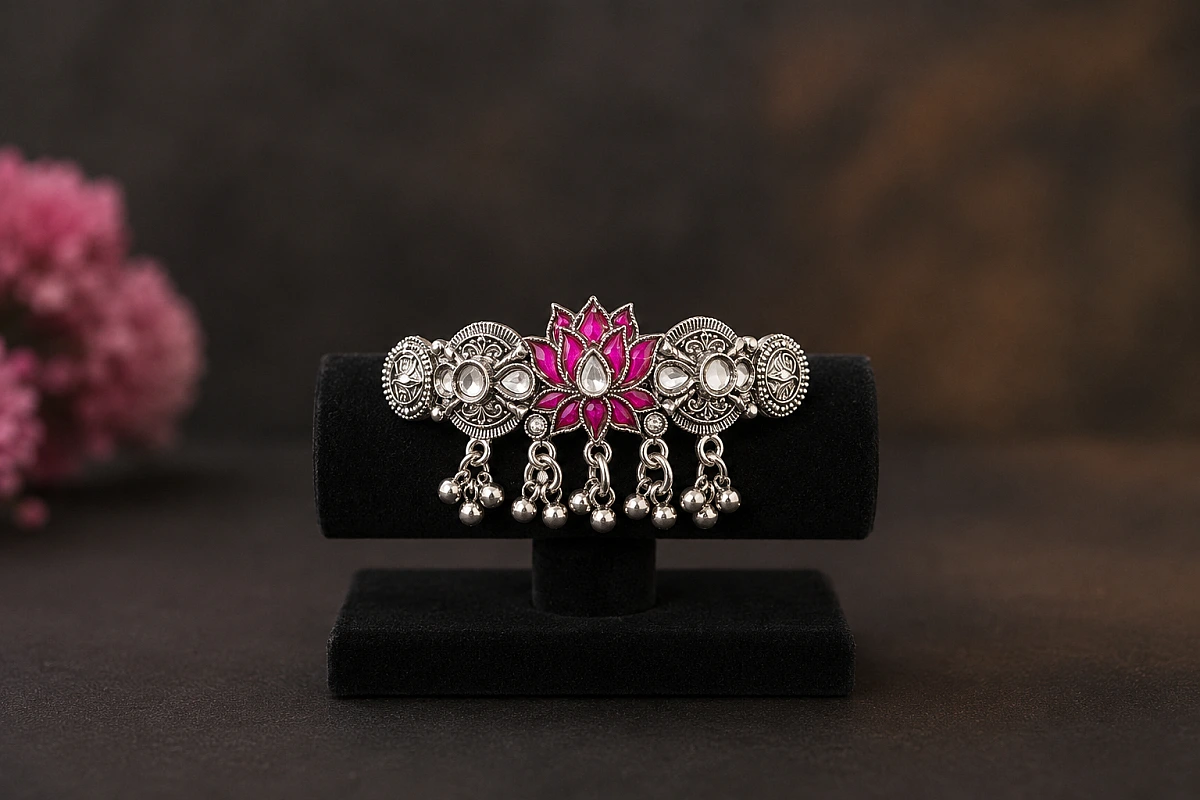 Oxidised Lotus Ghungroo Bracelet