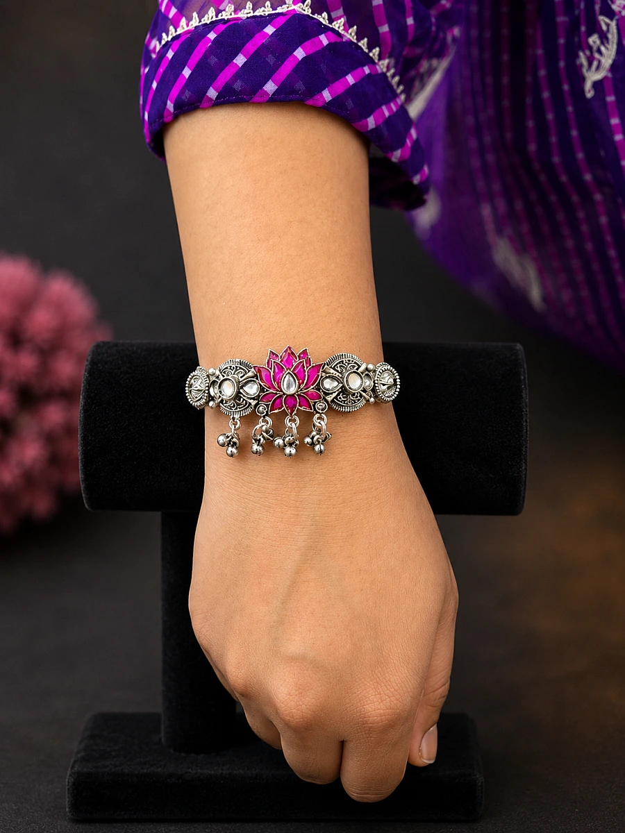 Oxidised Lotus Ghungroo Bracelet - Image 2