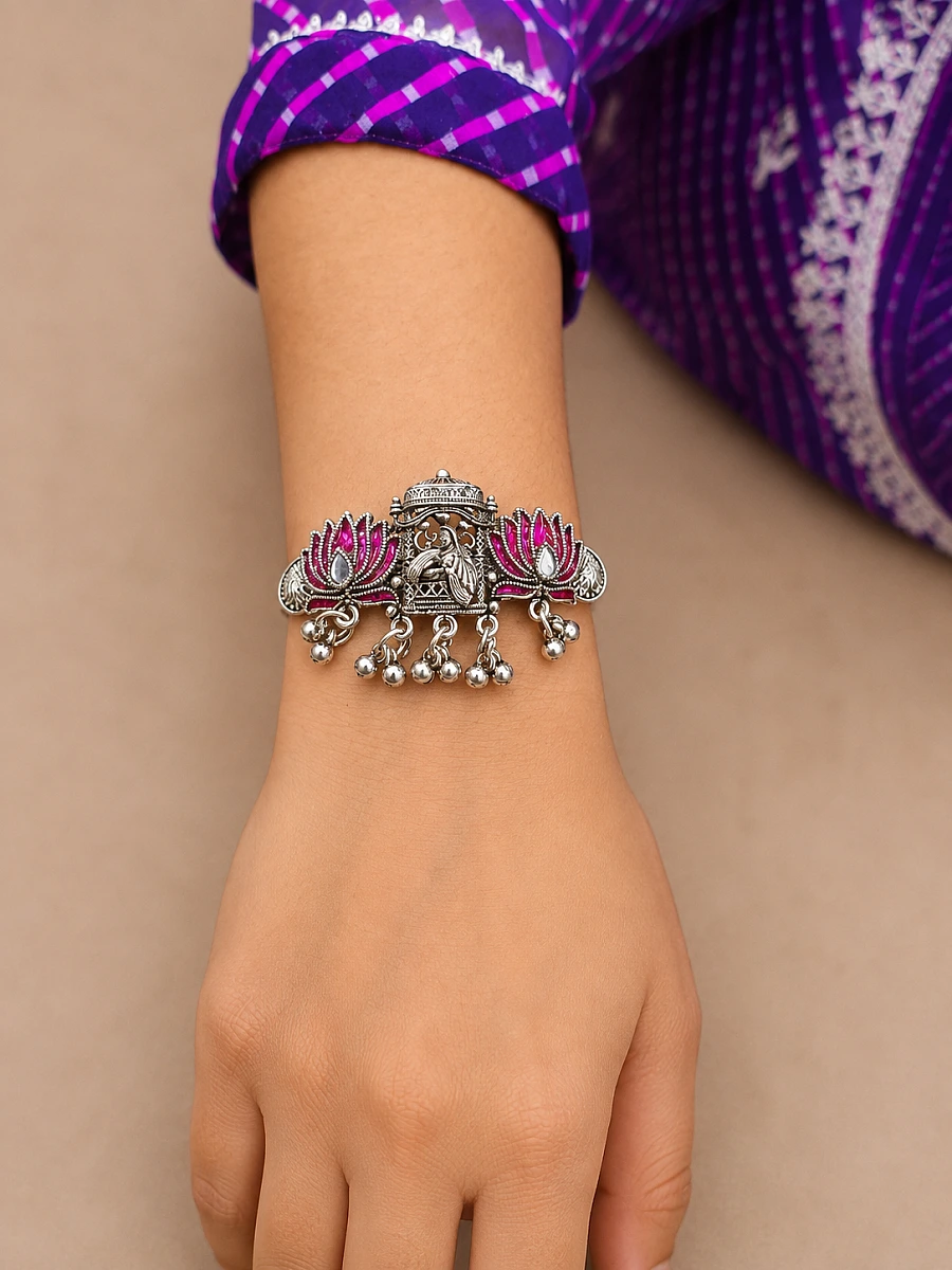 Oxidised Lotus Ghungroo Bracelet - Image 2