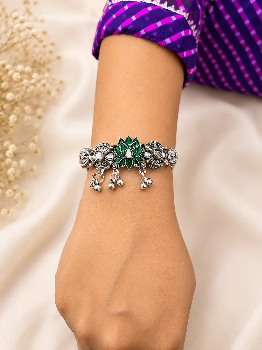 Oxidised Lotus Ghungroo Bracelet - Image 2